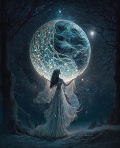 a woman standing in front of a full moon