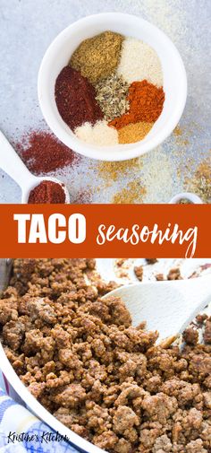 taco seasoning in a white bowl with spoons next to it and the words taco seasoning