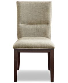 a beige upholstered chair with dark wood legs and an upholstered seat