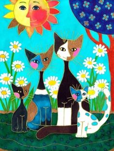 three cats are sitting in the grass with daisies and trees behind them, one cat is looking up at the sun