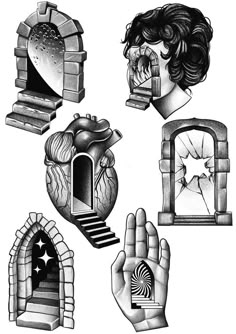 several different types of tattoos that are drawn in black and white ink, including an open window