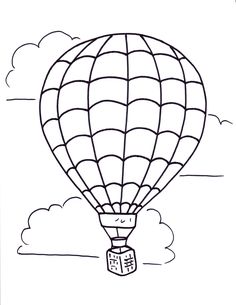 a hot air balloon flying through the sky with clouds in the foreground and an outline of