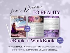 an open book with the title from dreams to reality ebook and workbook on it