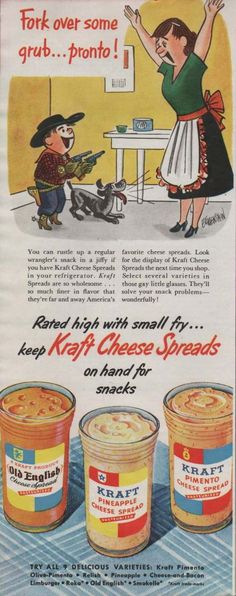 an old advertisement with two children in front of some creamed puddings and one is pointing