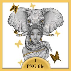 an elephant with butterflies on its head and the words i png file below it