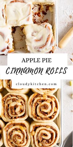 apple pie cinnamon rolls with icing in a pan