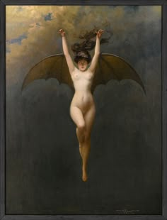 a painting of a naked woman with wings above her head and hands in the air