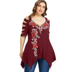 Plus Size Ladder Cut Embroidery Women T-shirt - Red Wine - 3N76759519 - Women's Clothing, Plus Size Women's Clothing  #PlusSizeWomensClothing #Women's #Clothing # #Plus #Size #Women's #Clothing Embroidery T Shirt, Spandex Shirts, Half Sleeve Tops, Plus Size Womens Clothing, Fashion Seasons, Plus Size T Shirts, Summer Tops, Half Sleeves, Fashion Designer