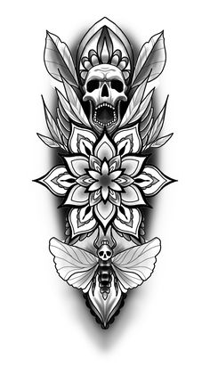 a black and white drawing of a skull surrounded by leaves, flowers, and skulls