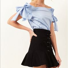 This Adorable Off-The-Shoulder Blouse Is Simple And Sweet. The Sleeves Are Ruched With Ribbons Tied On Either Side For A Sweet, Feminine Look. Easy To Style. *Product Specification Cotton 70% Polyester 30% Runs Small Fit Us Size M Chic Summer Tied Blouse, Chic Tied Blouse For Summer, Blue Summer Blouse With Tie Sleeves, Chic Tied Blouse For Spring, Chic Blue Blouse With Tie Sleeves, Summer Party Tops With Tie Sleeves, Chic Fitted Blue Off-shoulder Top, Blue Fitted Chic Off-shoulder Top, Bow Tie Top