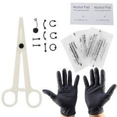 Condition: 100% Brand New Item Type: Piercing SetMaterial: Plastic + Stainless Steel Color: BlackPiercing Needle Size: 14G and 16G Size: One Size.  Color: Black. Disposable Gloves, Piercing Ring, Tool Set, Conditioner