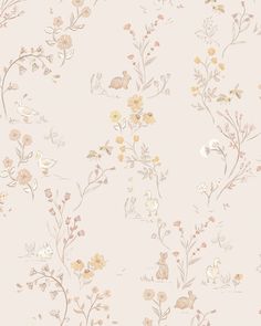 a wallpaper with flowers and birds on the top, in pastel pink background