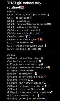 Glow Up Schedule School, Glow Up School Morning Routine, Checklist Morning Routine, Productive Day Checklist, Good Night Routines For School, Glowup Routine For Teens, Routine For After School, Daily Routine Schedule School Day, Routine Planner School