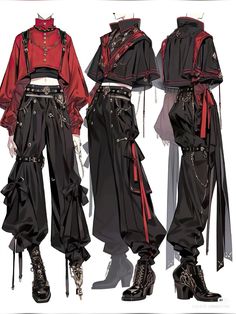 three different views of the costume worn by an anime character in black, red and white