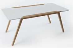 a white table with wooden legs on a white background, it appears to be an interesting piece of furniture