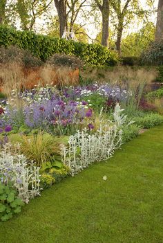 a garden filled with lots of different types of flowers and plants on top of green grass