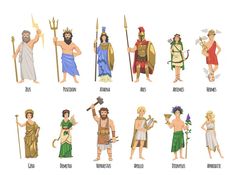 an image of different types of people in ancient greek costumes with names on the front