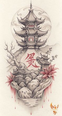 an ink drawing of a chinese pagoda with flowers in the foreground and water below