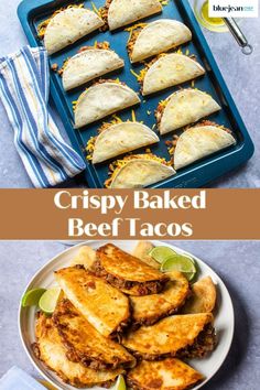 crispy baked beef tacos on a plate with limes and tortillas