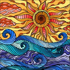 a stained glass window with waves and sun