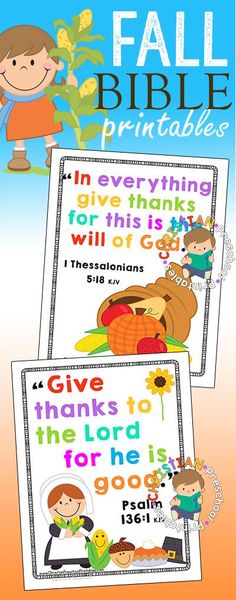 two printable thanksgiving cards with the words fall bible and an image of a boy holding a