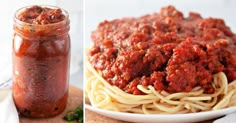 two pictures side by side one with spaghetti and the other with sauce in a jar