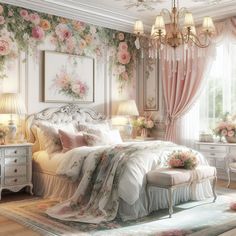 a bedroom decorated in pink and white with flowers on the wall, chandelier and bed