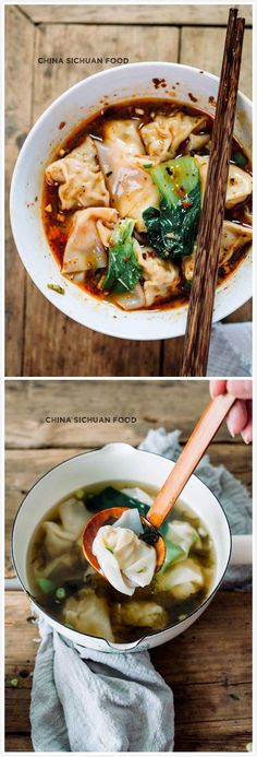 three different pictures of soup with broccoli and dumplings in it, one is being spooned into the soup