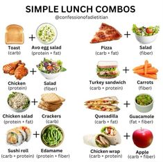 an image of lunch combos with the words simple lunch combos in english and spanish