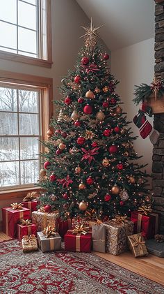 🎄✨ Immerse yourself in the festive magic! This elegant Christmas tree is adorned with brilliant red and gold ornaments, casting a warm glow. Perfectly wrapped gifts wait beneath, inviting joy and wonder. A cozy scene that captures the spirit of the season! 🎁❤️ #Christmas #decor #holiday #festive #tree #cozy #winter #ornaments #gifts #gold #red #celebration Christmas Aesthetic Cozy Red, Red Cozy Christmas Aesthetic, Presents Christmas Tree, Red Decorations Christmas Tree, Simple Red And Gold Christmas Tree, Red Christmas Decor Aesthetic, Red And Golden Christmas Tree, Christmas Tree Gold And White Simple, Gold Red Christmas Decorations