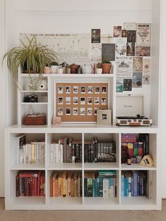 a bookshelf filled with lots of books next to a potted plant on top of it