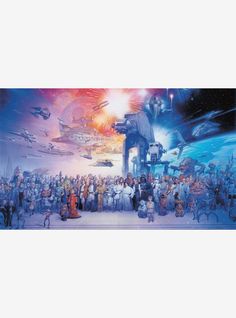 a large group of people standing in front of a star wars scene