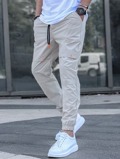 Light Grey Casual Collar  Woven Fabric Plain Jogger Embellished Non-Stretch  Men Clothing Jogger Outfit, Stylish Men Wear, Pants Outfit Men, Drawstring Waist Pants, Casual Cargo Pants