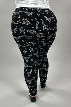 92% Polyester -- 8% Spandex Made in CHINA Length: 29" Printed Leggings Outfit, Black Dinosaur, Print Leggings, Dinosaur Print, Made In China, Outfits With Leggings, Printed Leggings, Plus Size Outfits, Jumpsuit