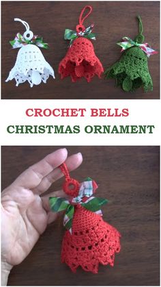 crochet bells christmas ornament is shown in three different colors and sizes