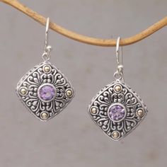 Shining openwork swirl motifs decorate these Balinese dangle earrings crafted of sterling silver by local artisans. They accent the corners with 18k gold surrounding sparkling amethyst stones in the centers. Accentuating any outfit these earrings are presented by Kadek Wijanegara. Fillagree Jewelry, Country Jewelry, Round Dangle Earrings, Labradorite Earrings, Silver Dangle Earrings, Sterling Silver Dangle Earrings, Gold Accent, Floral Earrings, Silver Earrings Dangle