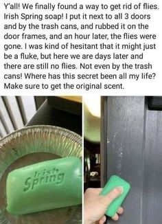 a person holding a green soap in front of a door and another photo with the caption