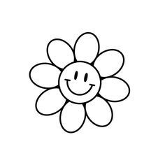 a black and white drawing of a smiling flower