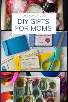 two pictures with the words diy gifts for moms on them and money in a box