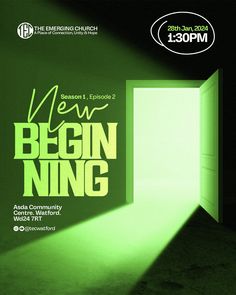 an open door with the words new begin ning on it in front of a green background