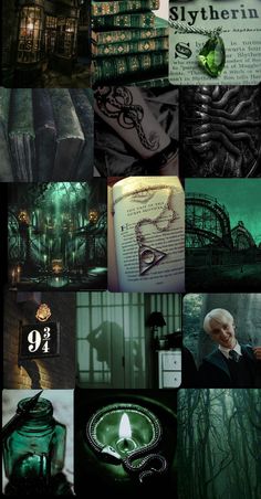 the collage shows many different things in green and black, including an image of a man