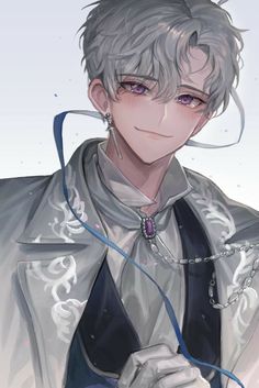 an anime character with grey hair and blue eyes