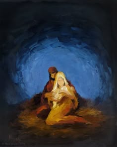 an oil painting of two people sitting on the ground in front of a blue background