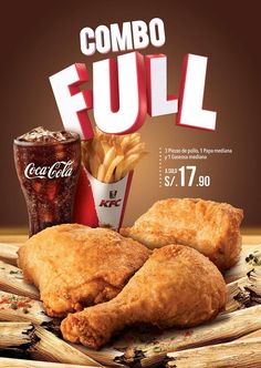 an advertisement for a fast food restaurant with chicken, fries and soda on the table