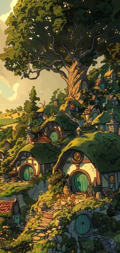 an image of a green village with trees and houses on the hillsides that look like hobbot houses