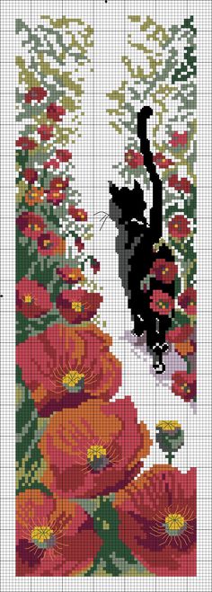 a cross stitch pattern with an image of a black cat and orange flowers on it