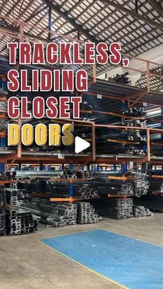 an image of a garage with lots of shelves and racks full of metal items that are stacked on top of each other