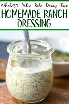 a jar filled with ranch dressing on top of a wooden cutting board