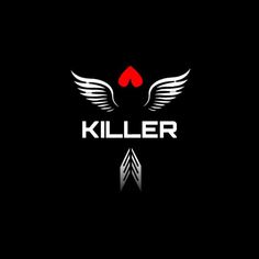 the logo for killer with wings and red heart on it's chest, against a black background