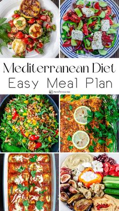 the mediterranean diet easy meal plan with pictures of different foods and vegetables on it, including meat